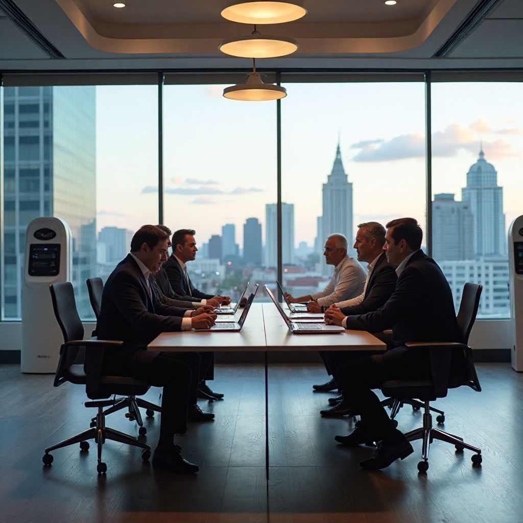 Equipo de EcoCharge reunido en oficina moderna con vista panorámica de Buenos Aires