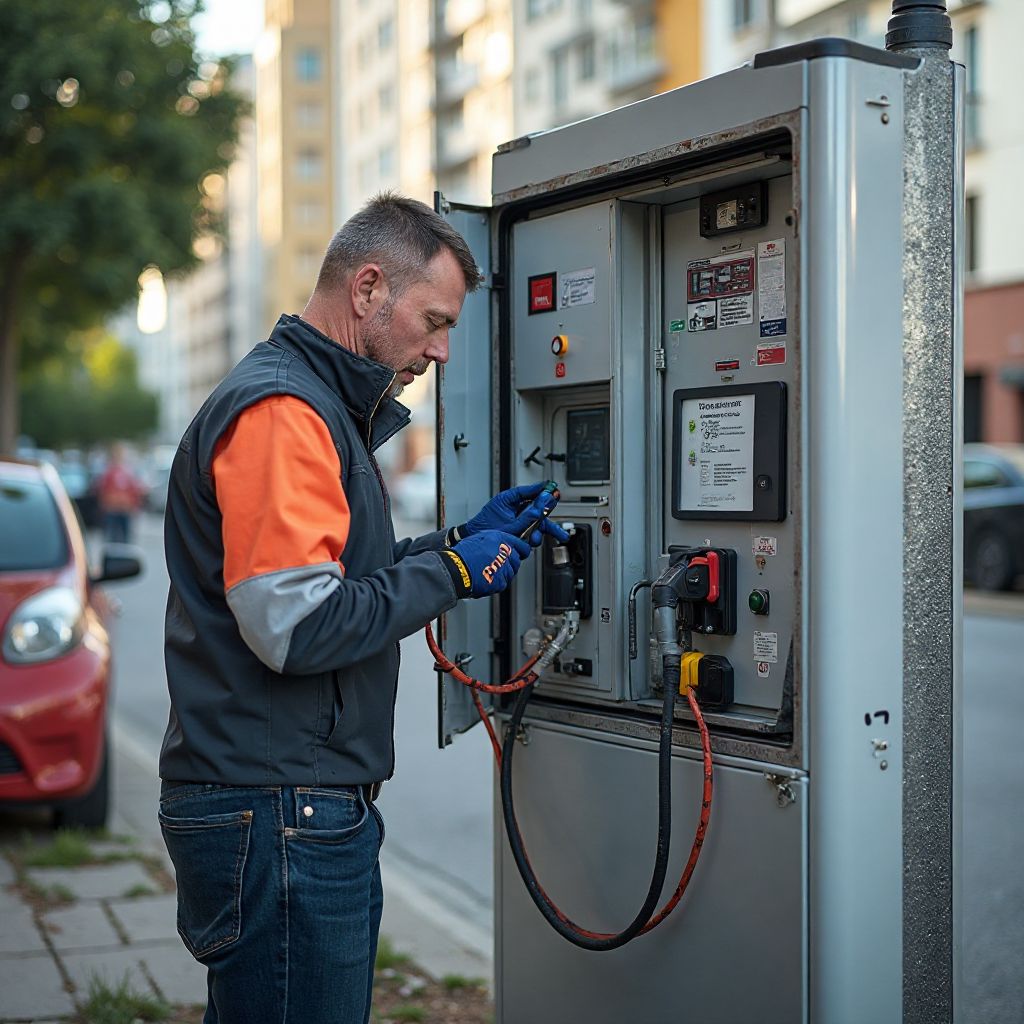 Instalación técnica de estación de carga rápida en zona urbana
